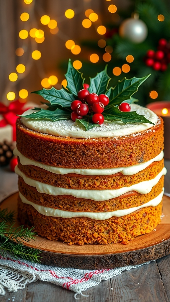 A festive Christmas fruitcake decorated with holly and berries on a wooden table with holiday lights.